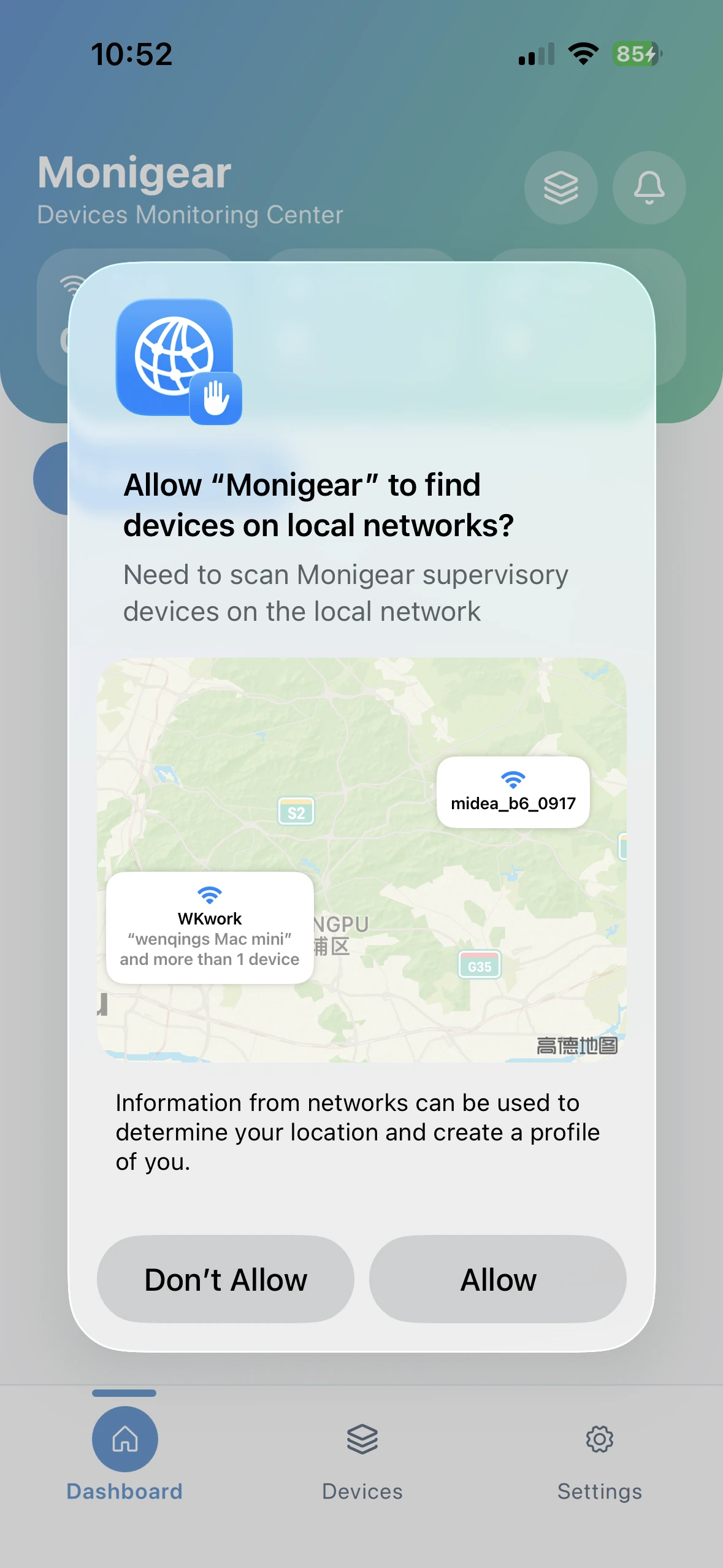 Monigear App - Aufforderung zur Berechtigung für die lokale Netzwerkermittlung unter iOS
