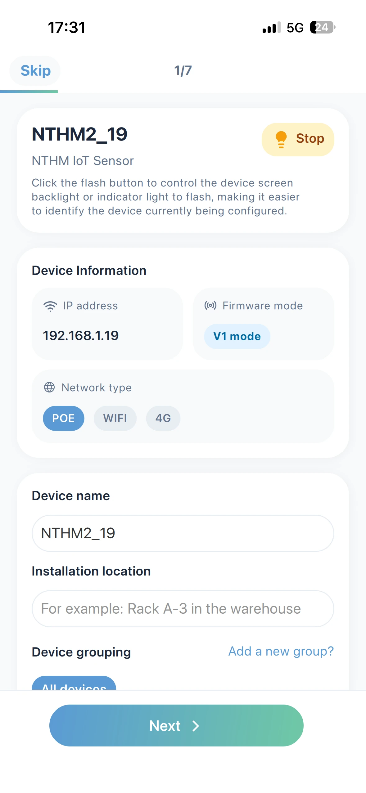Monigear App - Seite zur Ersteinrichtung des Geräts
