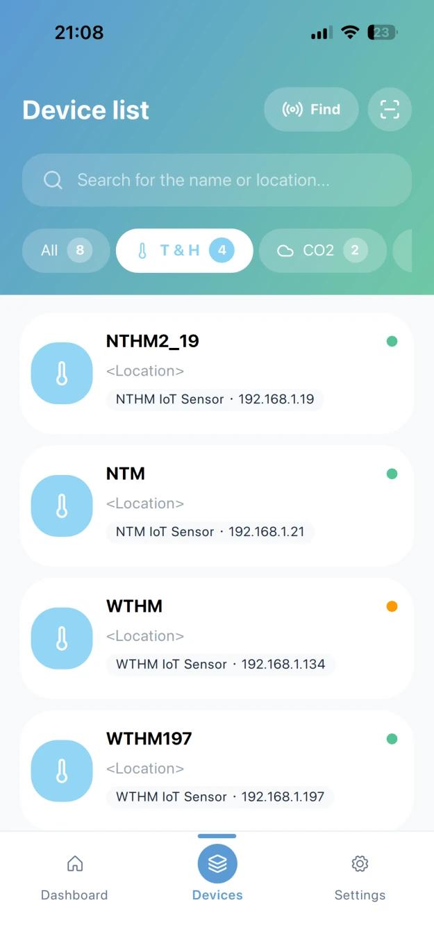 Monigear App - Geräteliste nach Produkttyp