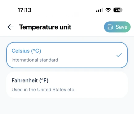 Monigear App - Einstellung der Temperatureinheit