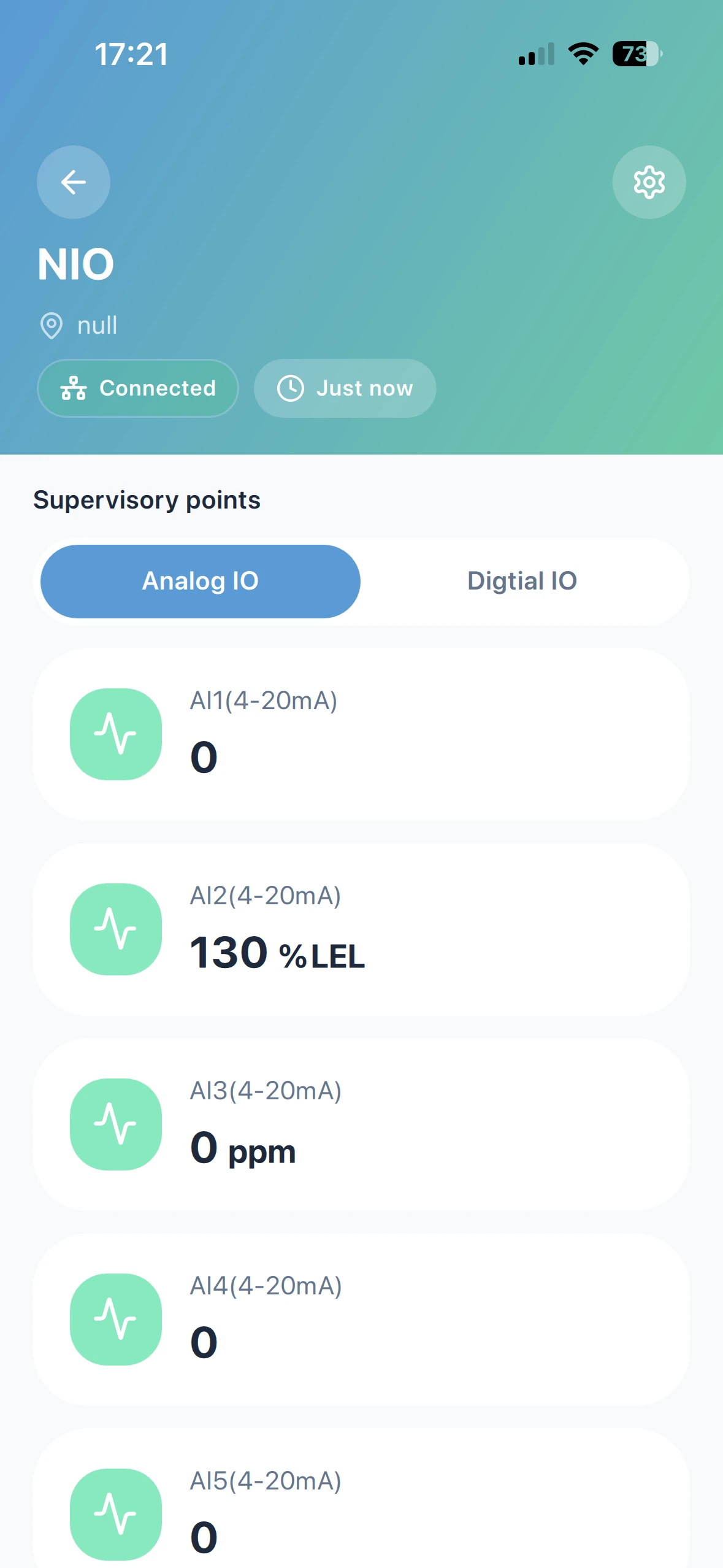 Monigear App - MN-NIO-Gerätedetail mit IO-Status
