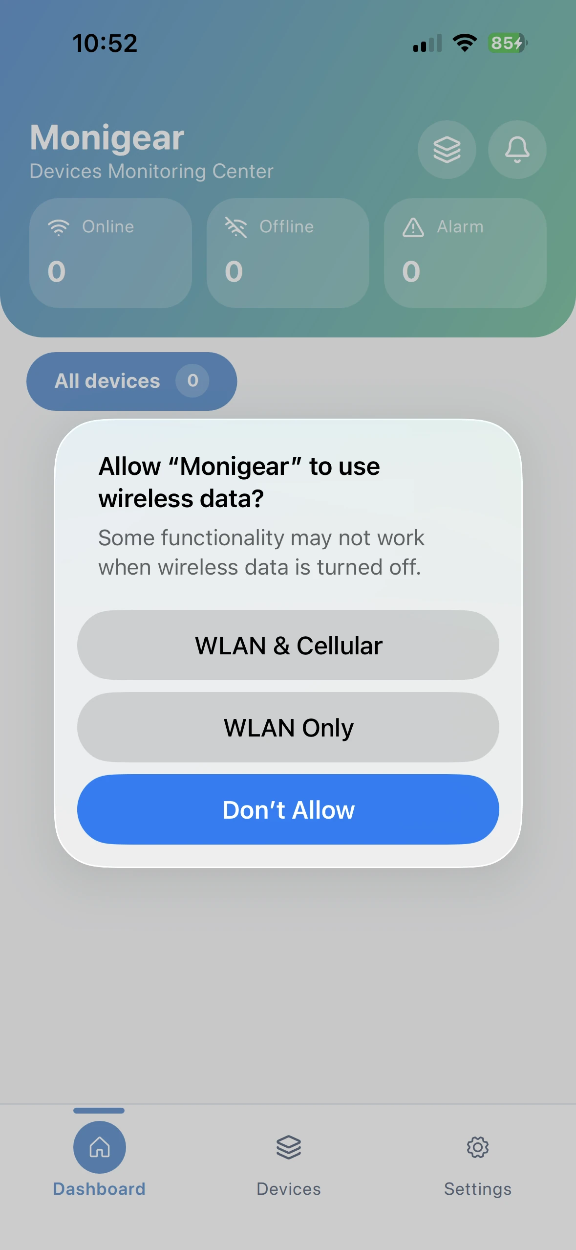Monigear App - Aufforderung zur Berechtigung für mobile Daten unter iOS