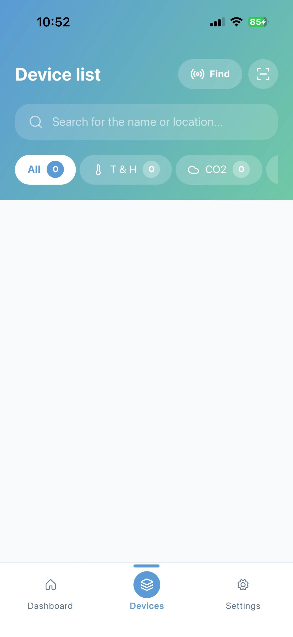 Monigear App - Gerätelistenseite mit Scan-Schaltfläche