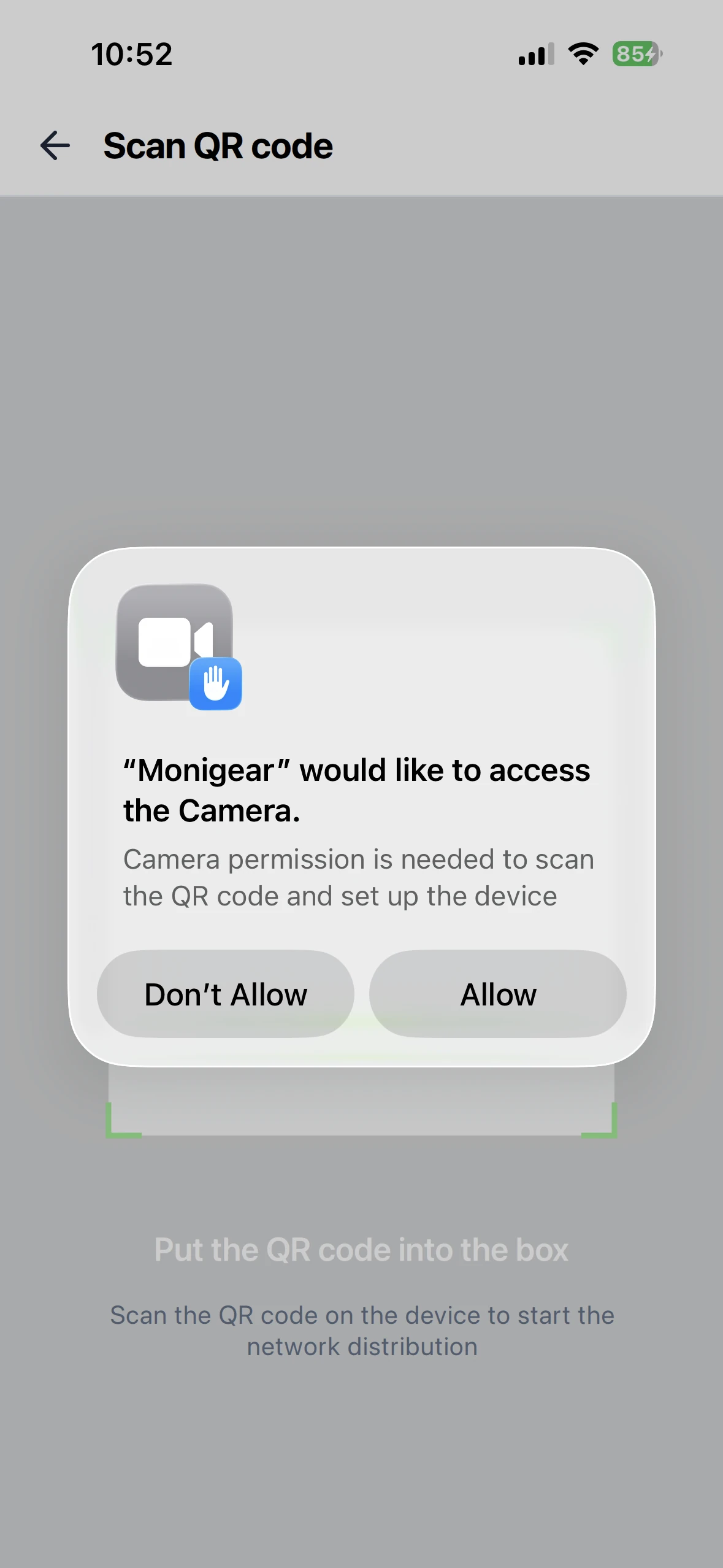 Monigear App - Aufforderung zur Kameraberechtigung