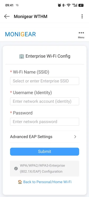 Monigear App Enterprise Wi-Fi configuration screen for WPA-Enterprise 802.1X EAP RADIUS authentication